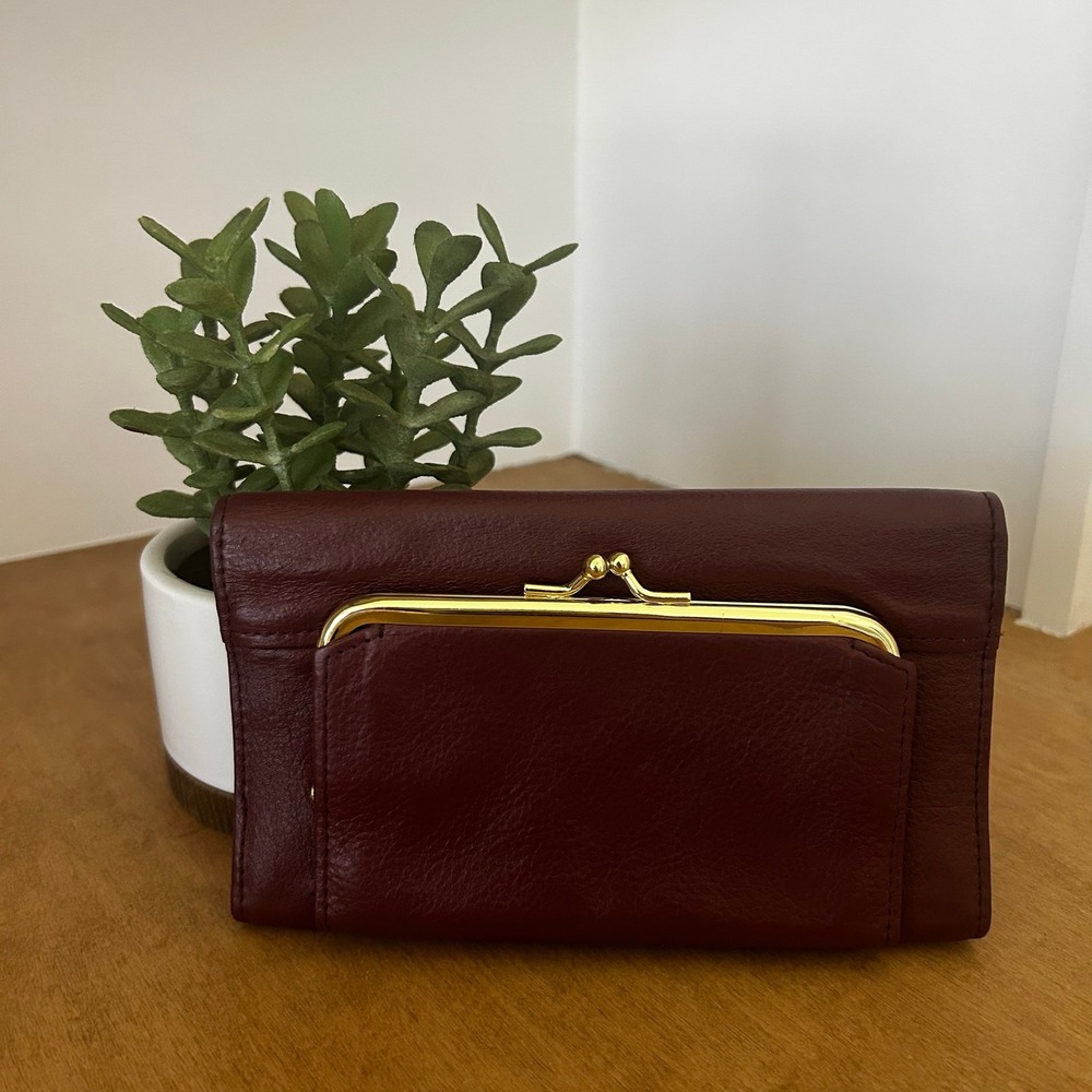 Rolfs Burgundy Genuine Leather Trifold Checkbook Wallet Kiss Lock Coin Pocket - Picture 2 of 10